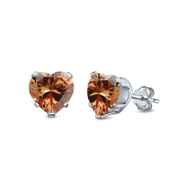 Heart Stud Earrings Simulated Champagne CZ 925 Sterling Silver (4mm-8mm)